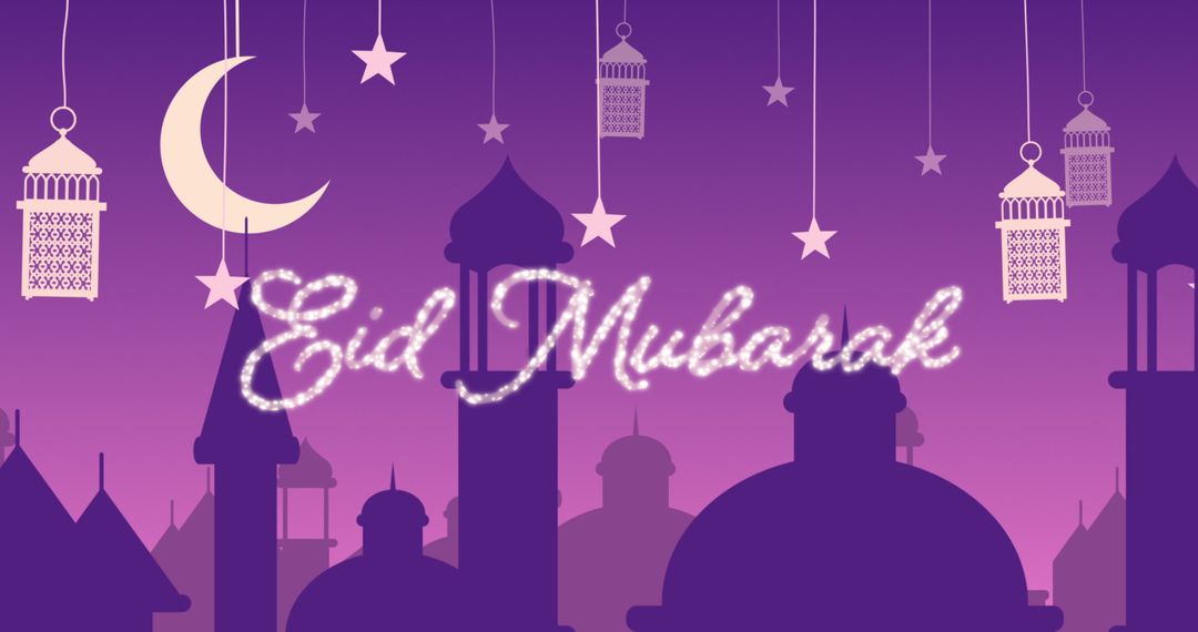 Eid Mubarak Greeting with Lanterns and Mosque Silhouettes - Free Images, Stock Photos and Pictures on Pikwizard.com