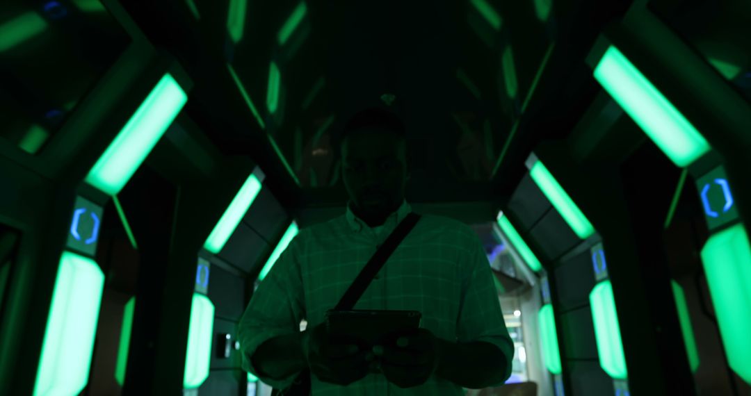 Futuristic Tunnel with Green Neon Lighting and Man Holding Device - Free Images, Stock Photos and Pictures on Pikwizard.com