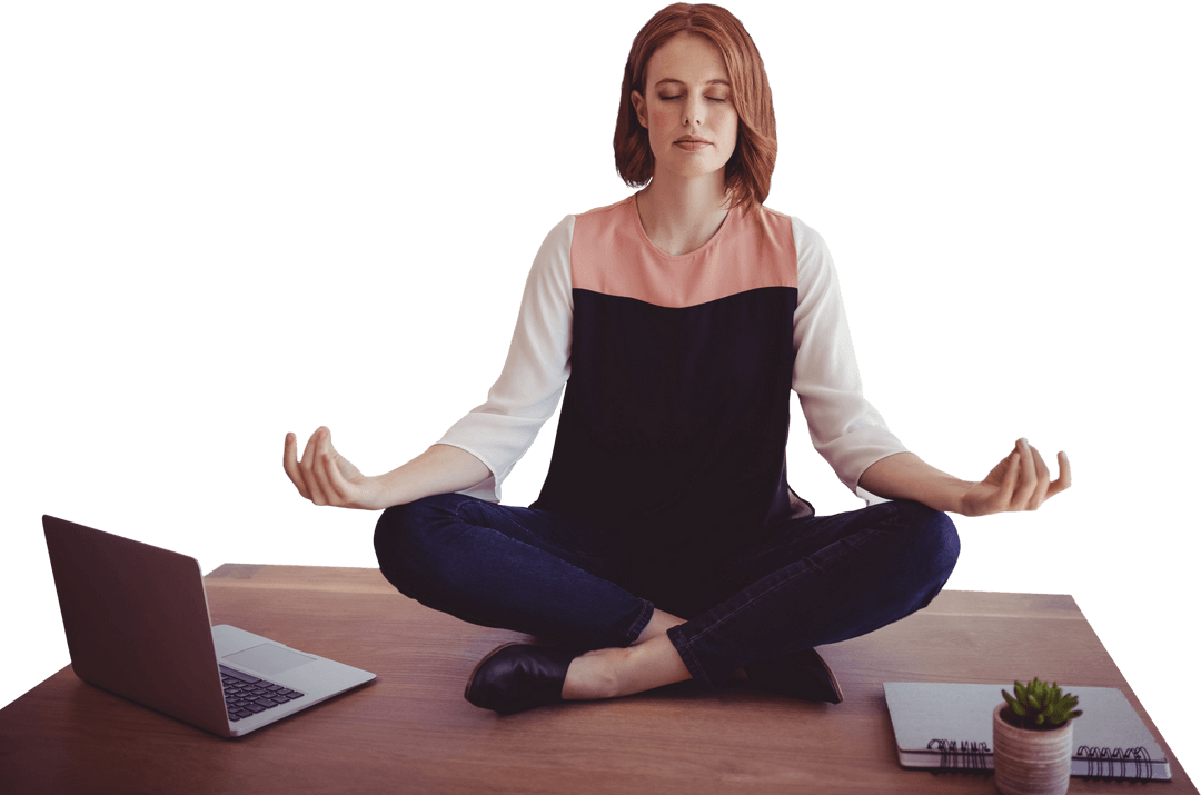 Relaxed Businesswoman Meditating at Desk in Transparent Workspace