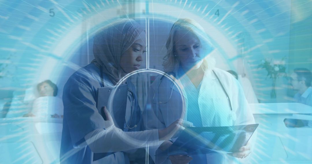 Female Doctors Discussing Patient Data on Tablet with Radiology Interface Overlay