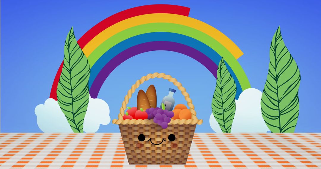 Cheerful Picnic Basket with Rainbow in Vibrant Setting