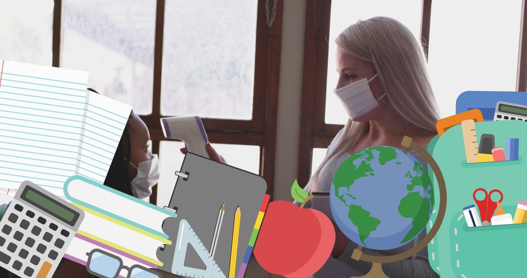 Teacher Using Temperature Scanner with School Icons Overlay