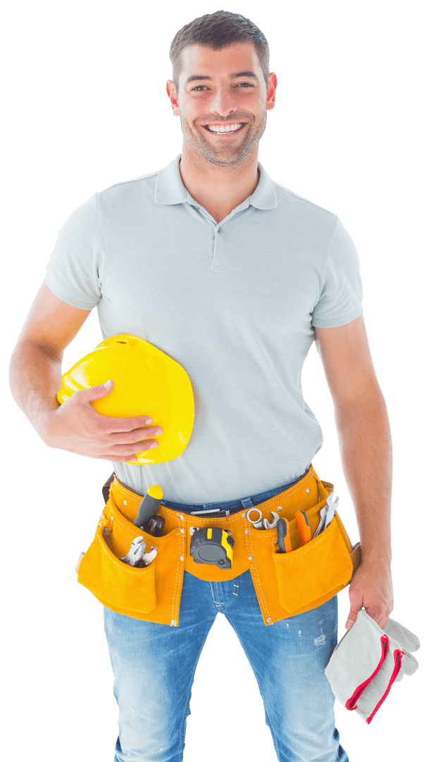 Caucasian Man Holding Helmet with Tool Belt Transparent Background
