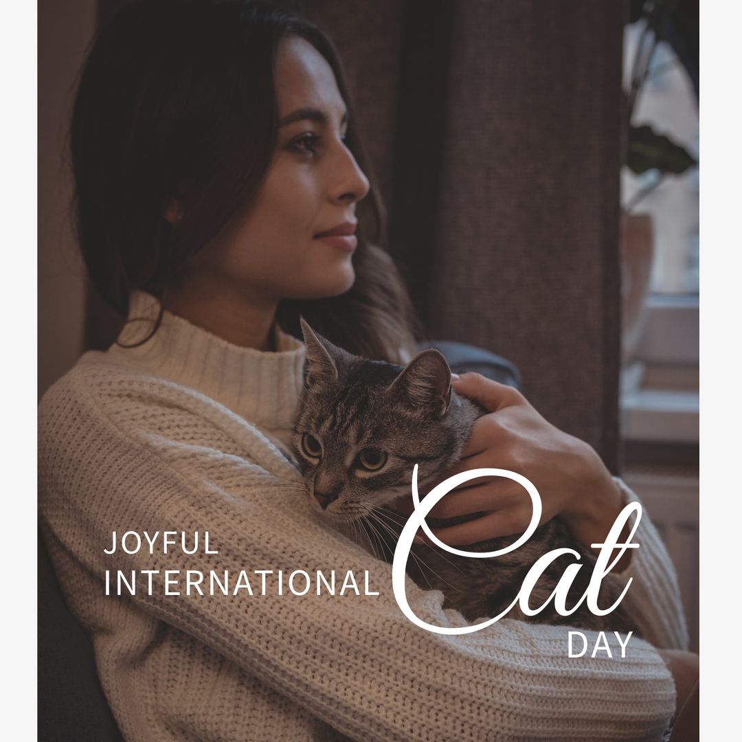 Woman Celebrating International Cat Day with Her Pet Cat at Home