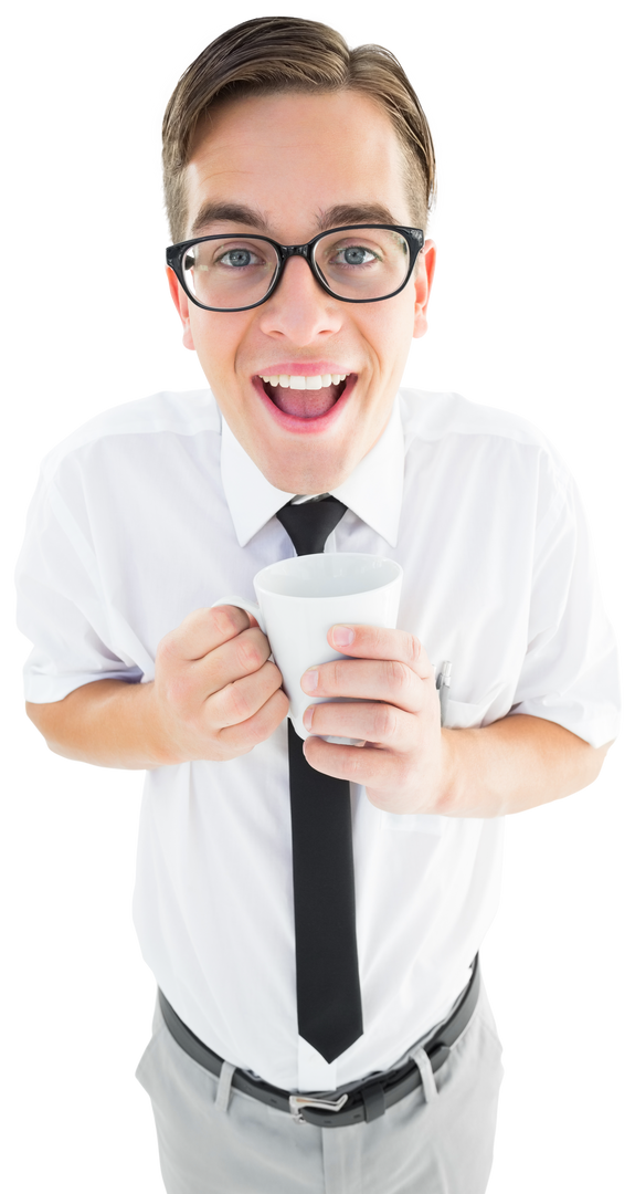 Cheerful Geek Holding Mug with Transparent Background - Download Free Stock Images Pikwizard.com