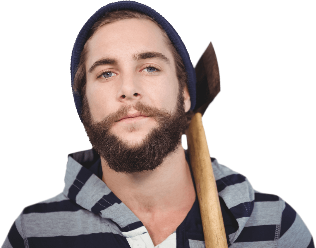Bearded Hipster in Hooded Shirt Holding Axe Transparent Background