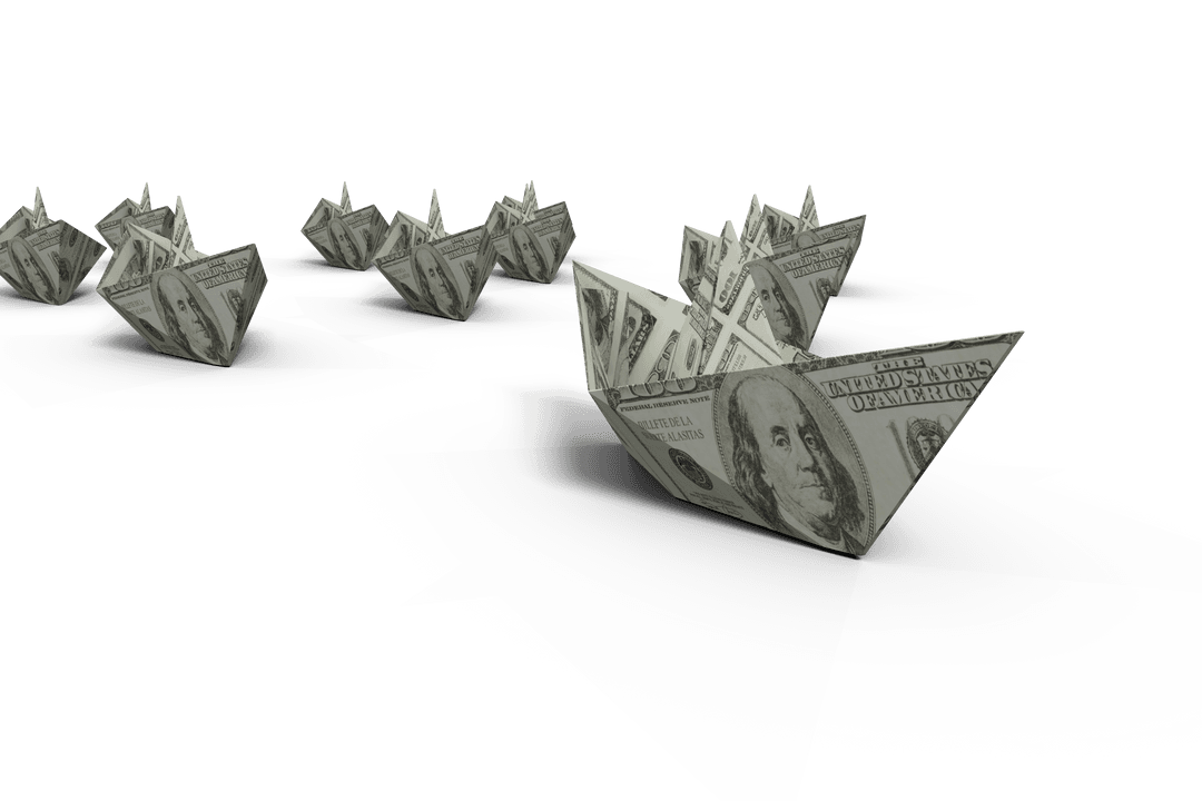 Dollar Bill Paper Boats on Transparent Background Symbolizing Finance