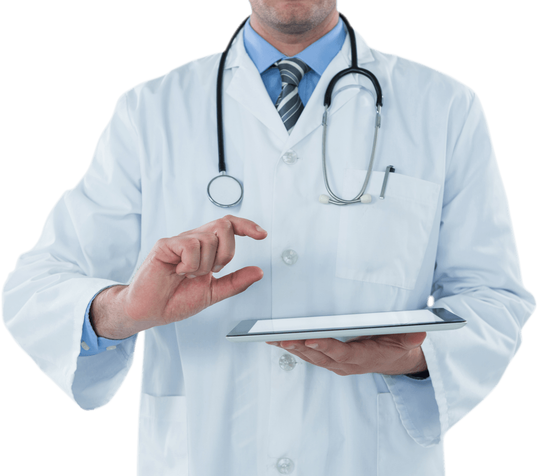 Transparent Background: Doctor Using Digital Tablet with Stethoscope