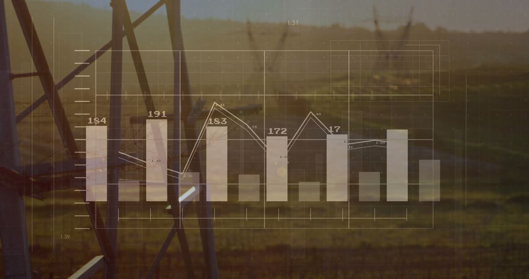 Digital Data Graphs Superimposed on Electricity Pylons