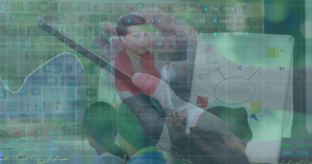 Presenting woman leading marketing workshop with financial graphs overlay and team