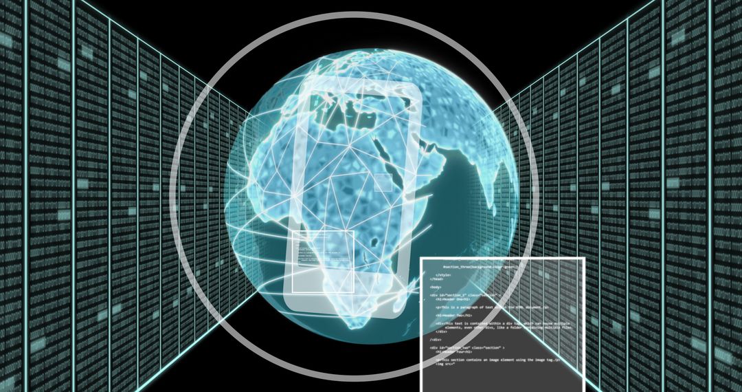 Futuristic Digital Globe with Network Connections Over Code