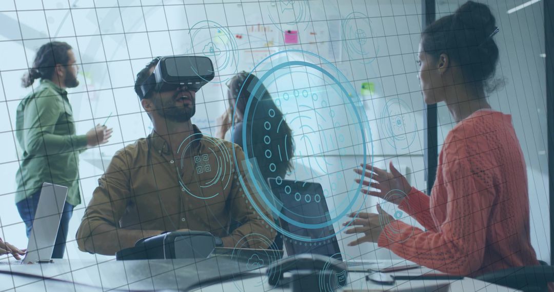 Team collaborating with virtual reality headset and holographic HUD on glass partition