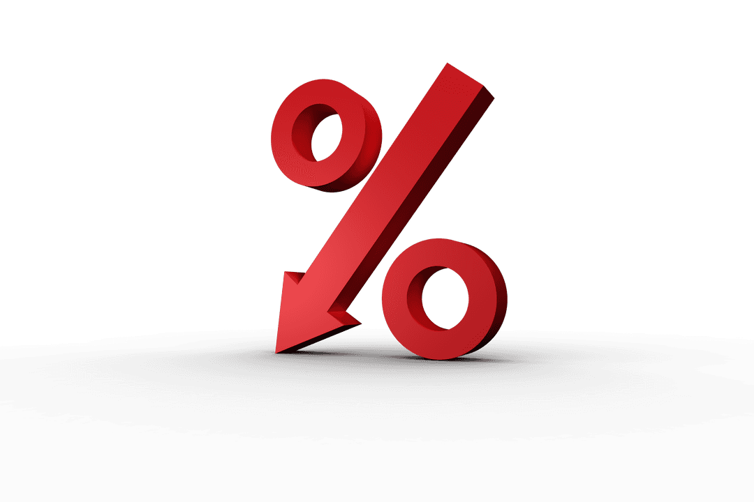 3D Red Percent Symbol with Downward Arrow on Transparent PNG