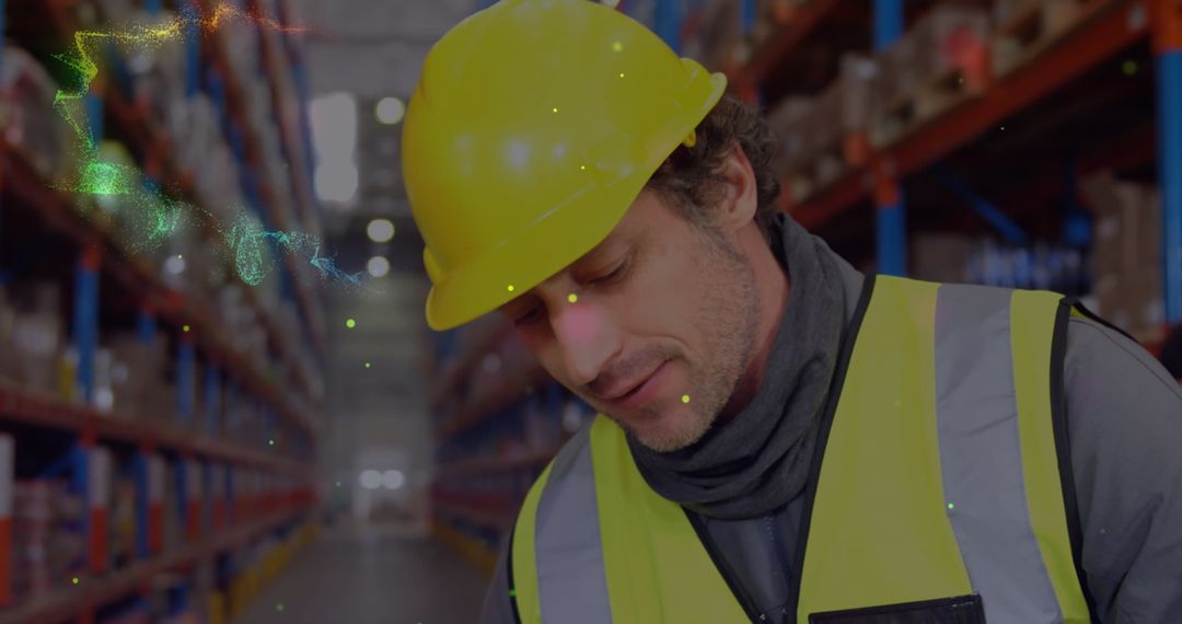 Warehouse Worker Scanning Inventory with Hi-Tech Overlay