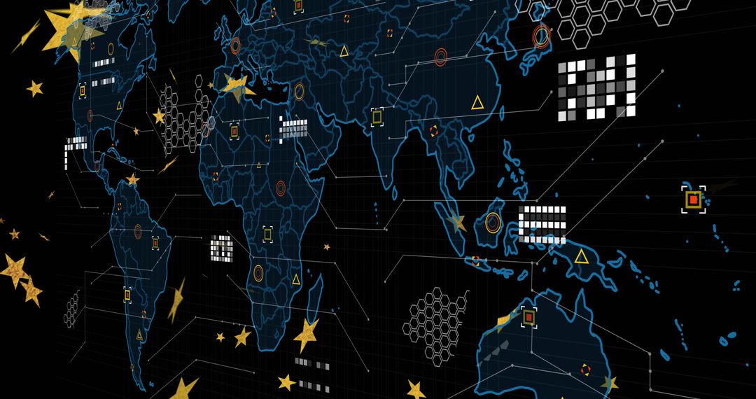 Glowing World Map with Data Icons on Digital Grid Background