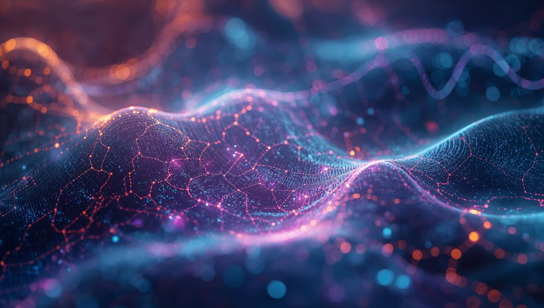 Futuristic Digital Landscape with Neon Hexagonal Grid Lines