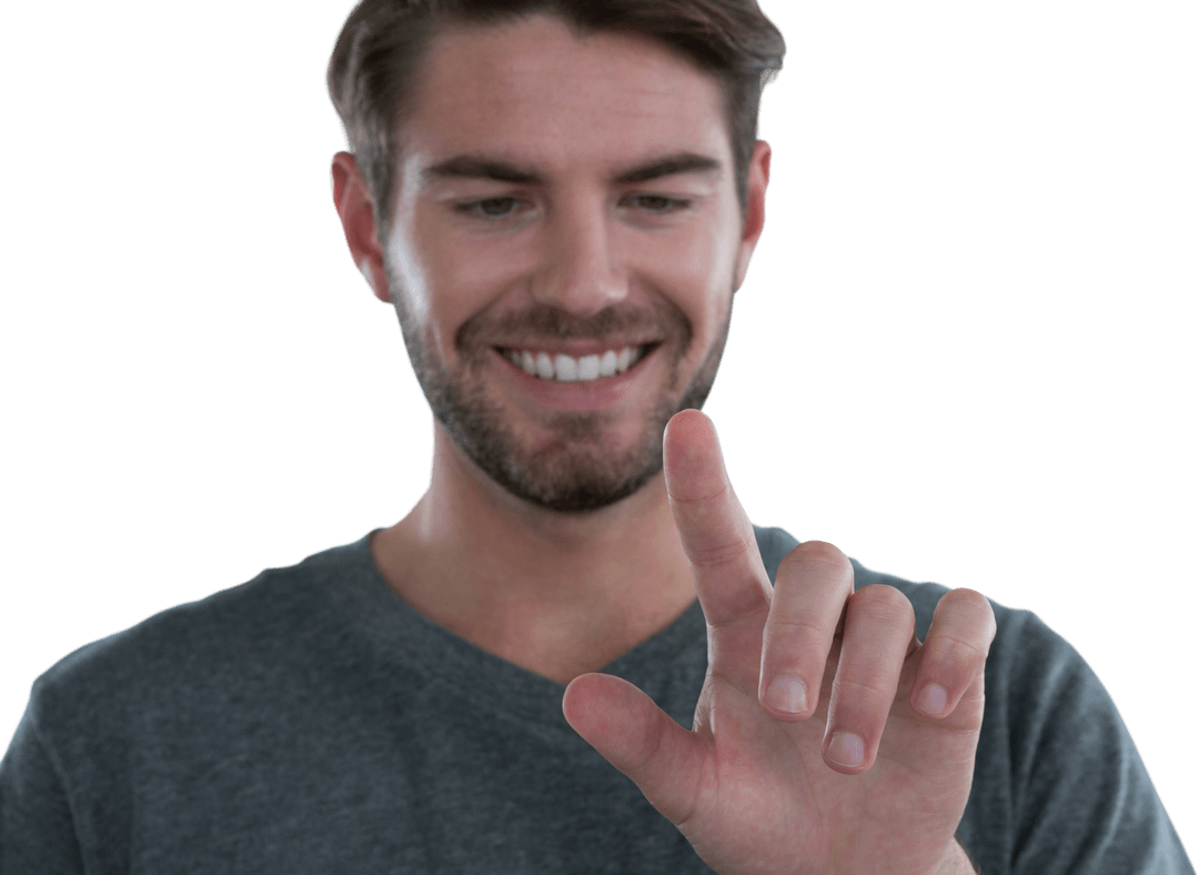 Smiling Caucasian Man Pretending to Touch Transparent Screen