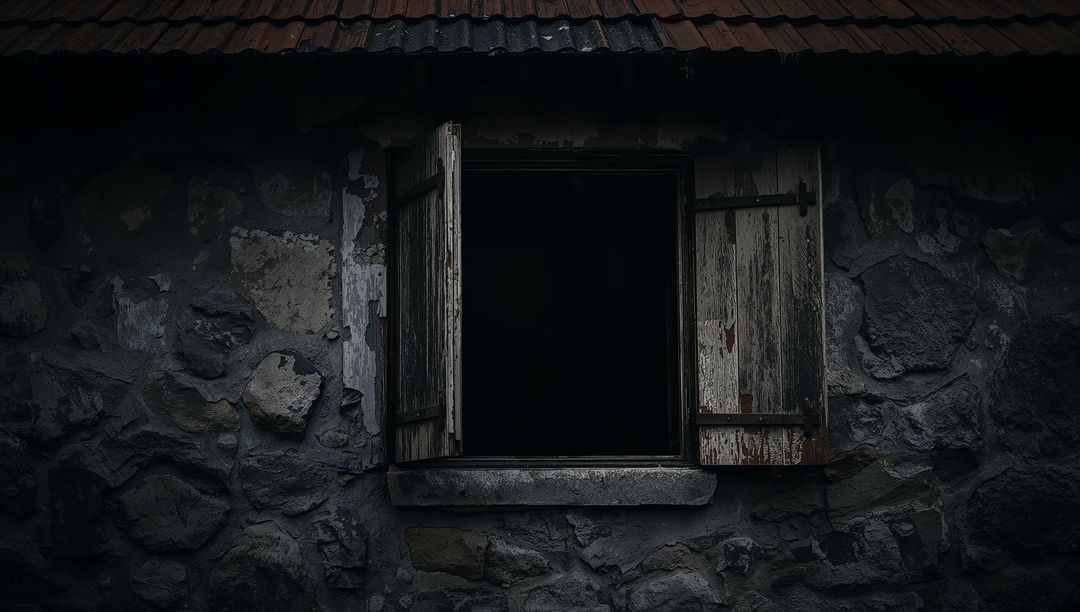 Old Rustic Stone Wall with Open Wooden Shutters Creating Eerie Atmosphere