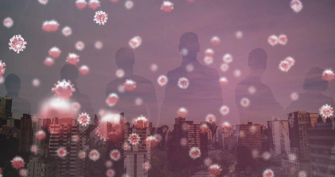 Silhouettes and Urban Cityscape with Floating COVID-19 Cells