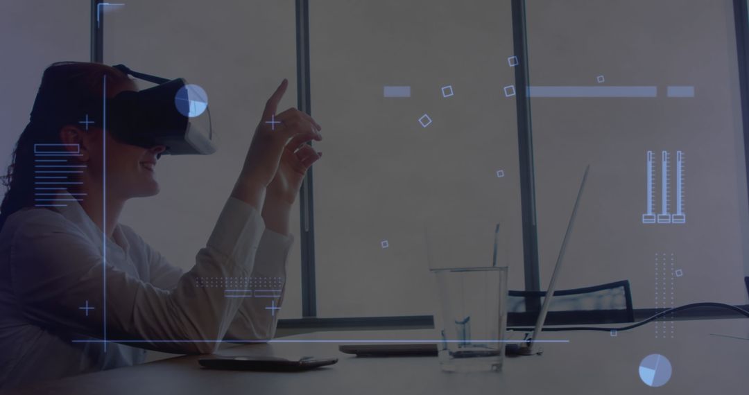 Woman Engaged in Virtual Reality Interaction in Office Environment