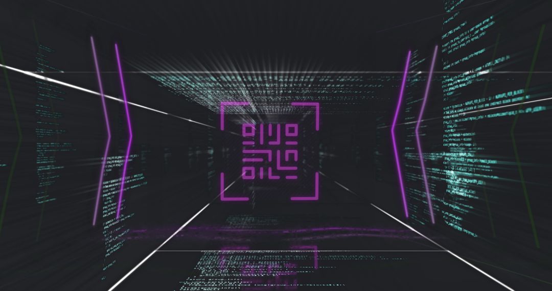 Futuristic QR Code with Neon Cyber Elements and Digital Codes