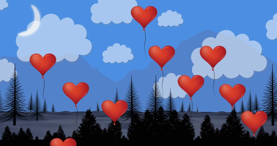 Heart Shaped Balloons Floating in Scenic Landscape with Mountains