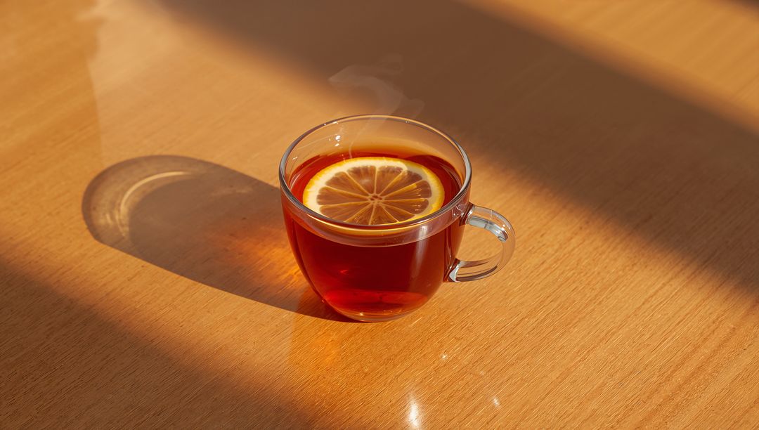Steaming clear glass teacup with lemon slice soaking in warm amber sunbeams on wood tabletop
