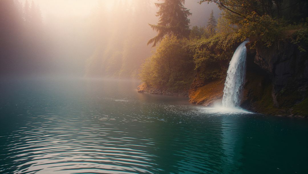 Misty Mountain Lake with Cascading Waterfall and Lush Evergreens