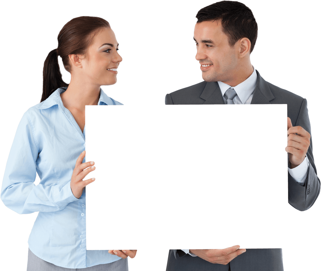 Business Couple Holding Blank Display with Transparent Background