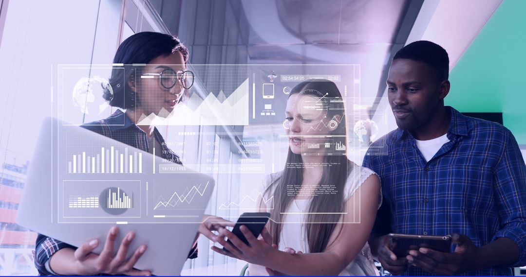 Diverse Team Examining Data with Digital Interface Overlay