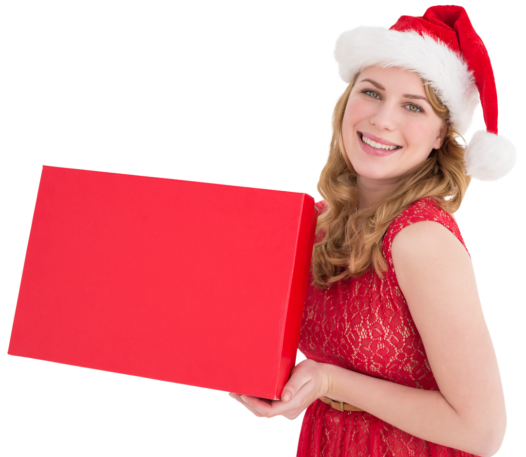 Festive Girl in Santa Hat Holding Transparent Red Gift Box - Download Free Stock Images Pikwizard.com