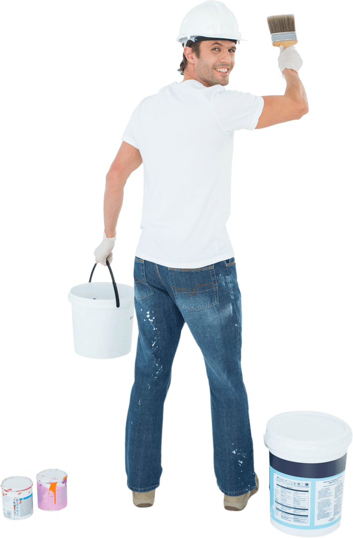Happy Painter Holding Paintbrush with Buckets on Transparent Background