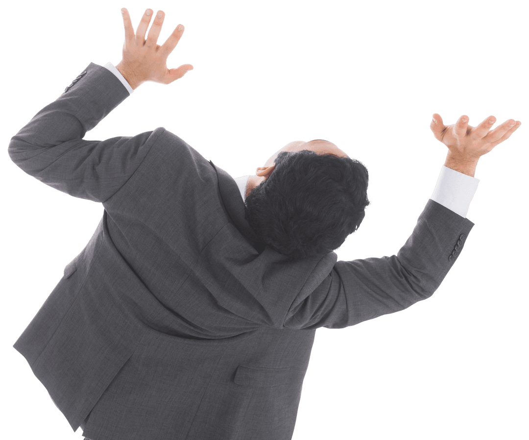 Businessman Expressing Triumph with Raised Hands on Transparent Background
