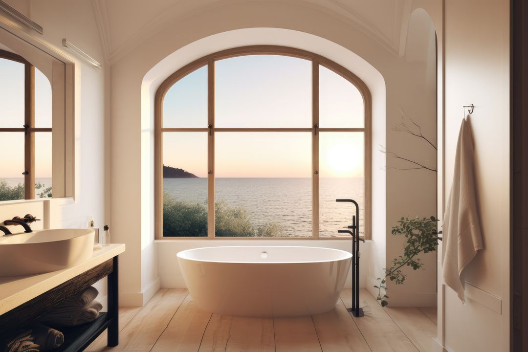 Sunny eclectic bathroom with large window and view to sea, created using generative ai technology - Free Images, Stock Photos and Pictures on Pikwizard.com