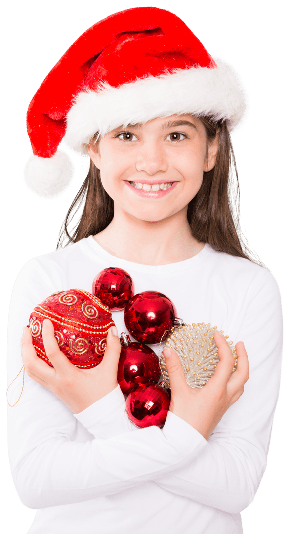 Festive Girl Holding Colorful Christmas Baubles Smiling Transparent Background