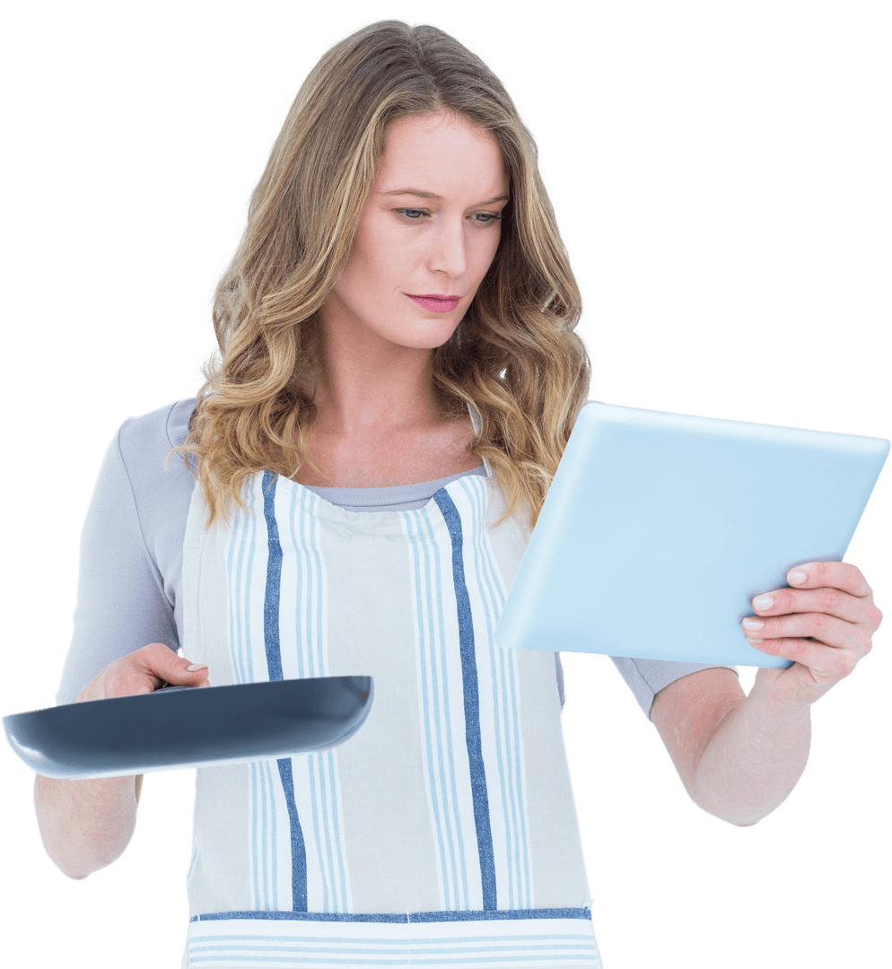 Transparent: Woman Using Tablet in Kitchen with Frying Pan