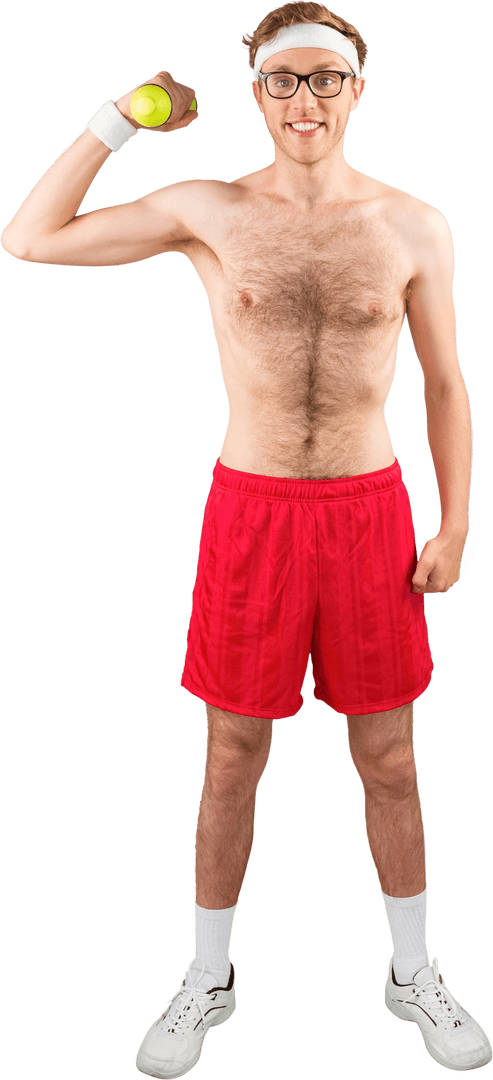 Transparent Shirtless Man with Dumbbell in Casual Pose