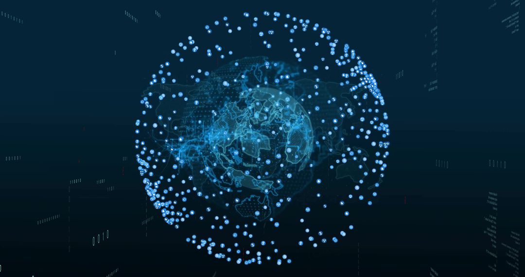 Global Digital Network Globe with Cyan Wireframe and Floating Data Nodes