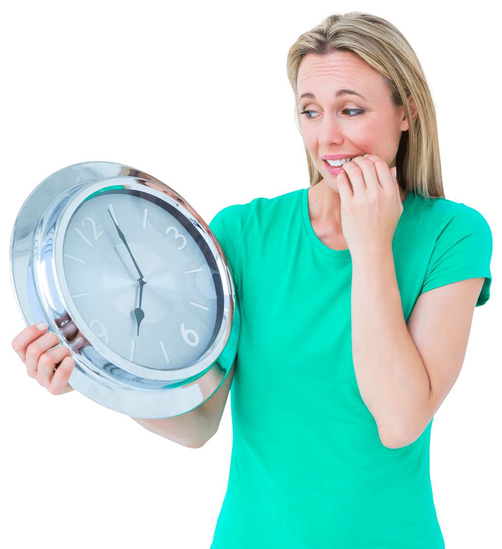 Nervous Woman Holding Clock Facing Deadline Pressure with Transparent Background