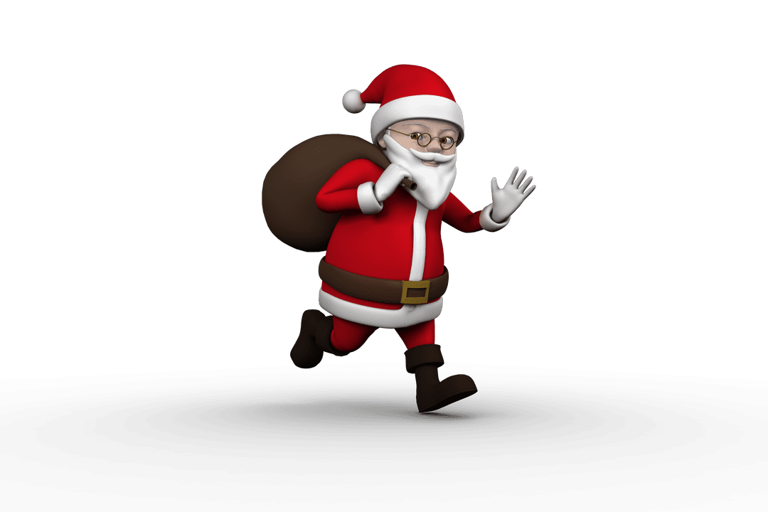 Cartoon Santa Running with Sack on Transparent Background