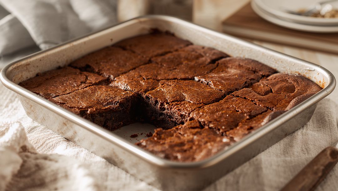 Warm fudgy chocolate brownies cooling and waiting in metal baking pan on linen for serving