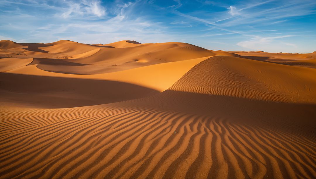 Sunlit Desert Dunes Showing Rippling Sand Ridges and Wispy Blue Sky