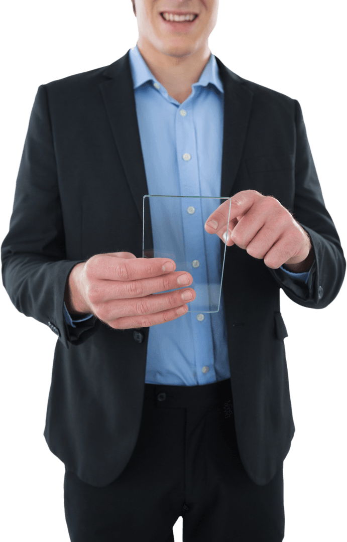Smiling Businessman Interacting with Transparent Interface