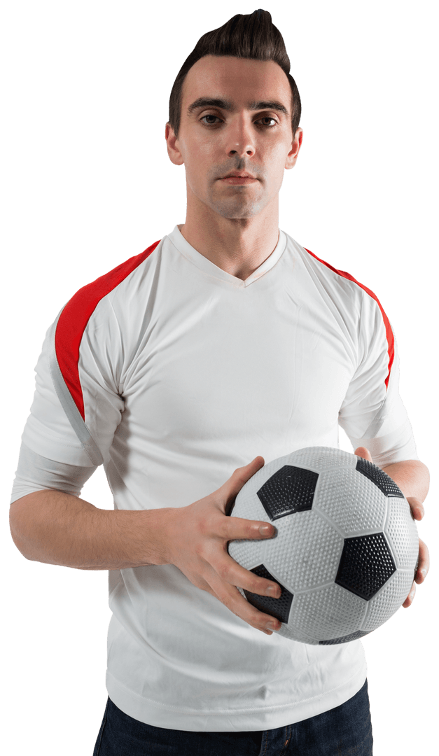 Transparent Young Soccer Enthusiast Holding Ball with Confidence