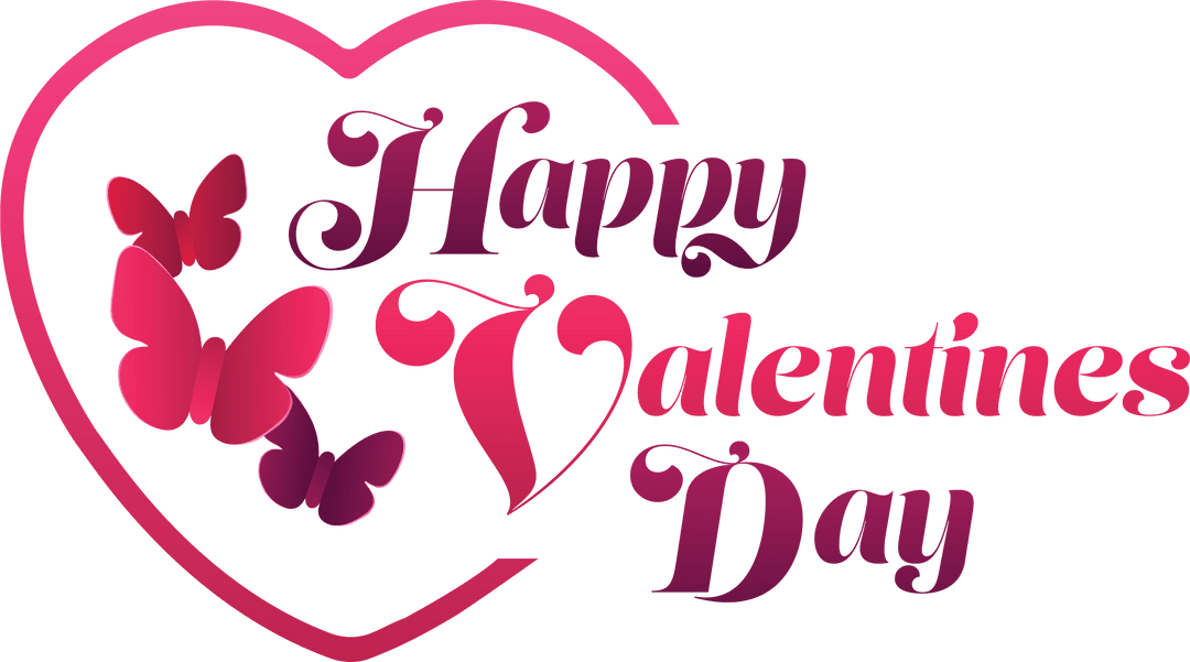 Happy Valentines Day Text with Heart and Butterflies Transparent Design