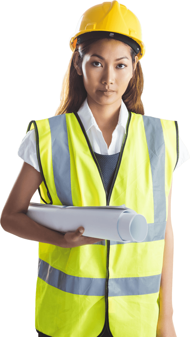 Transparent Woman Architect Holding Blueprints