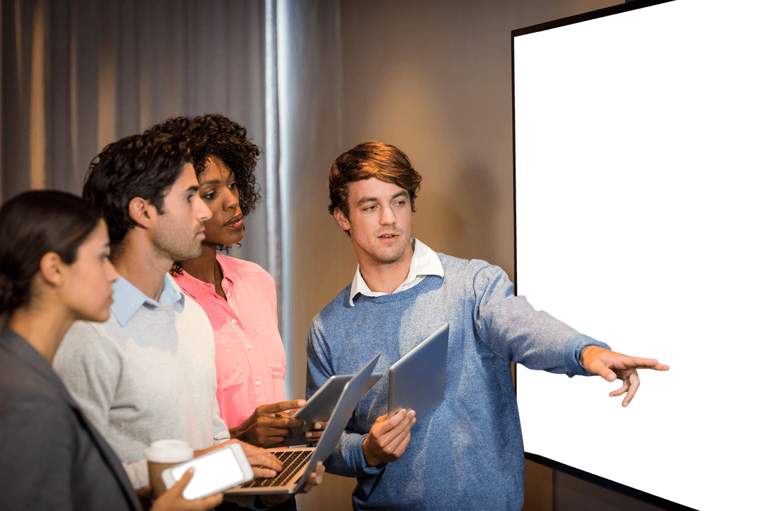 Diverse Colleagues in Office, Analyzing Presentation on Transparent Screen