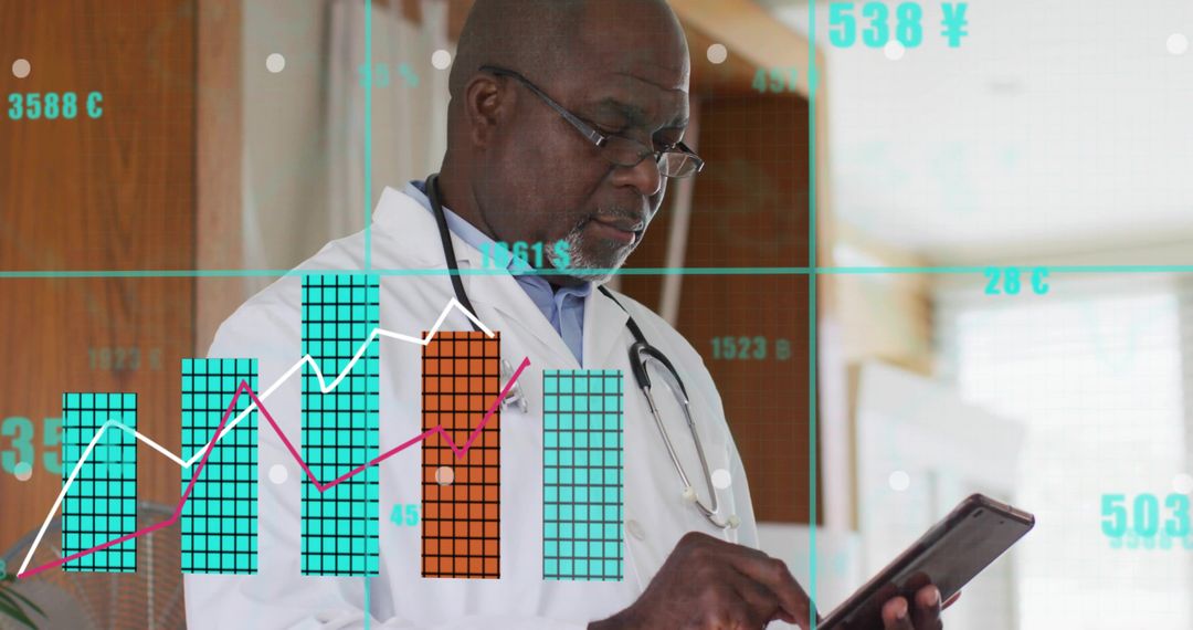African American Doctor Reviewing Digital Patient Data on Tablet with Analytics Overlays