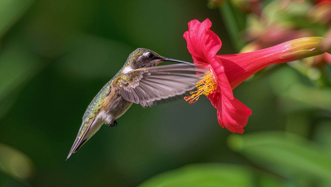 Hummingbird in Garden Feeding on Vibrant Red Flower