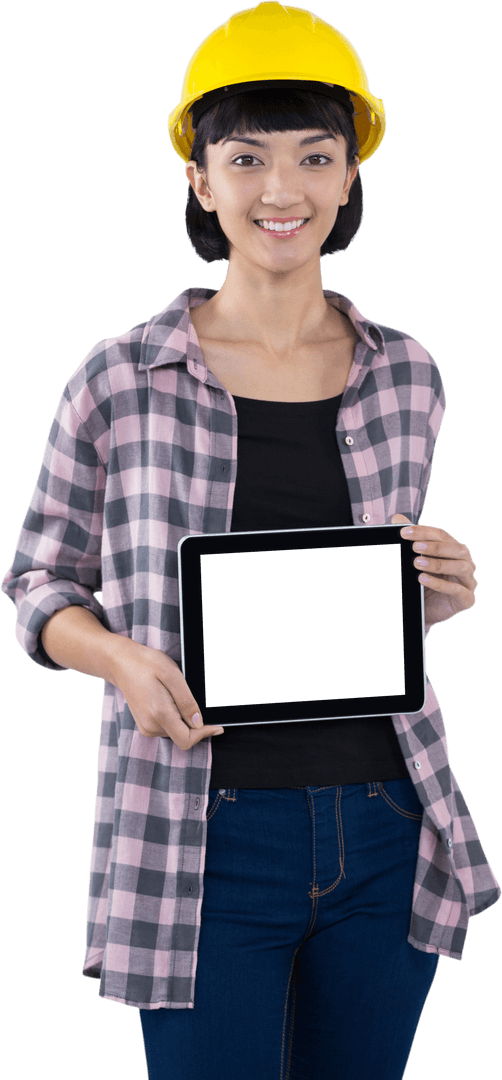 Transparent Background Woman in Hard Hat Displaying Tablet